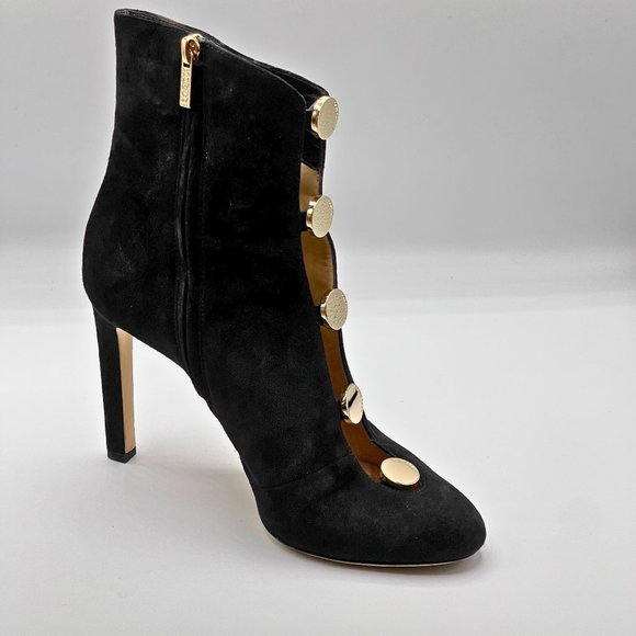 JIMMY CHOO LORETTA BLACK SUEDE ANKLE BOOT, CUT-OUT FRONT & GOLD-TONED BUTTONS - Picture 4 of 15